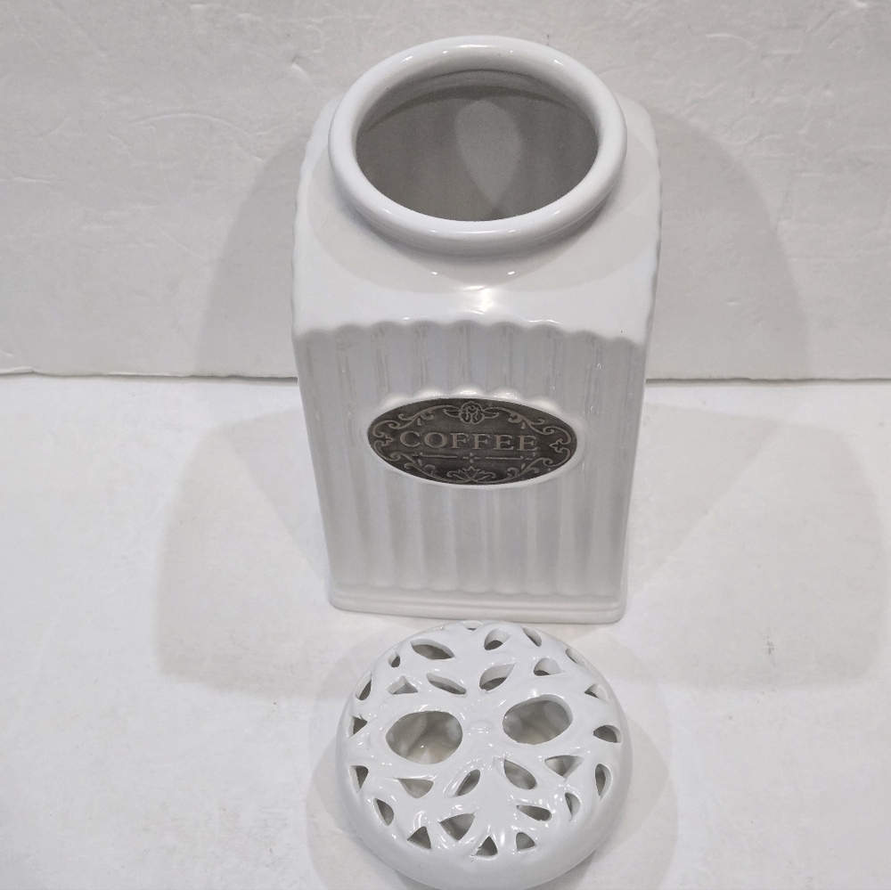 THL Farmhouse COFFEE Canister Jar White Lace Lattice Top French Cottage - Picture 3 of 4